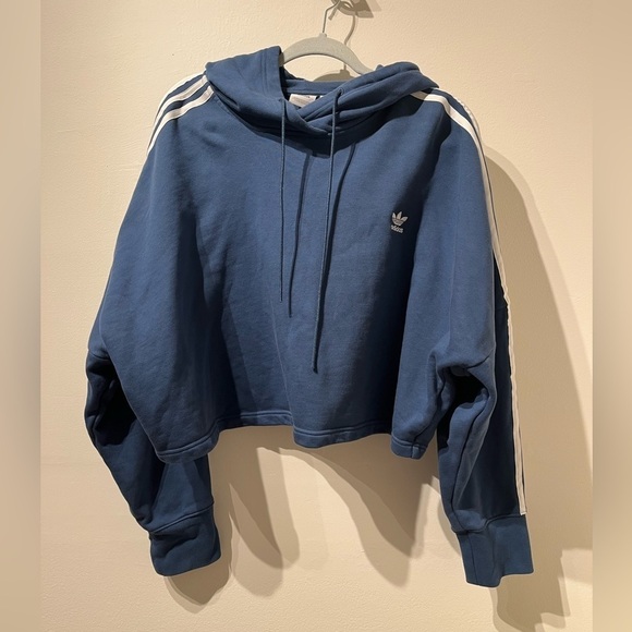 Women Adidas Originals Trefoil 3-Stripes Cropped Hoodie Mineral Blue Size XL - Picture 2 of 6